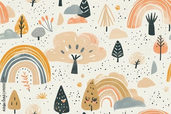 Fototapeta Rainbow forest pattern. A seamless pattern of trees, clouds, rainbows, and abstract shapes in muted colors on a light beige background.