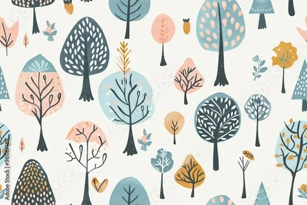 Fototapeta Colorful pattern of trees. Seamless pattern pattern of colorful, stylized trees on a white background.