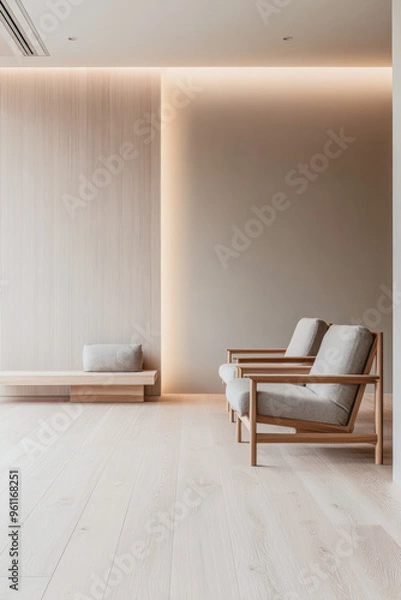 Fototapeta Minimalist Scandinavian - Japanese fusion interior design composition in neutral tones.Serene property interiors with ample copyspace.