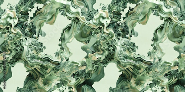 Fototapeta Green swirls and waves create a seamless pattern on a digitally abstract background.