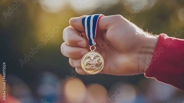 Fototapeta Medal Held by Hand Over Victory Podium: A close-up of a hand holding a medal, with a victory podium slightly blurred in the background.

