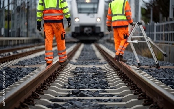 Fototapeta A focused view on railway tracks with a blurred background of railroad workers in high visibility clothing inspecting the site