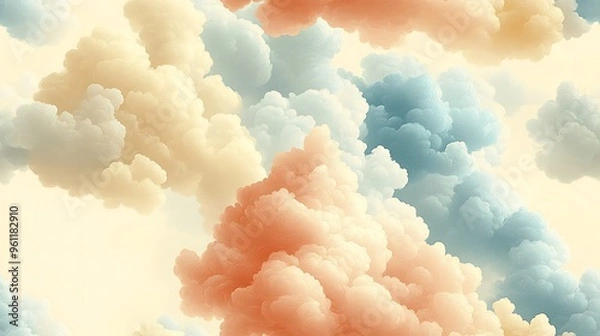Fototapeta A seamless pastel cloud pattern featuring fluffy clouds in shades of light coral, baby blue, and soft yellow,