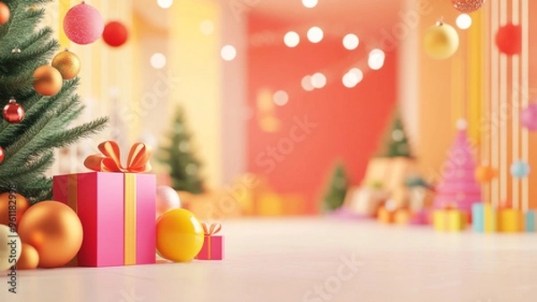 Fototapeta Festive holiday scene featuring colorful gifts, ornaments, and Christmas tree, creating joyful atmosphere.