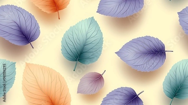 Fototapeta A seamless pattern of pastel leaves in muted tones of light lavender, pale mint, and soft peach,