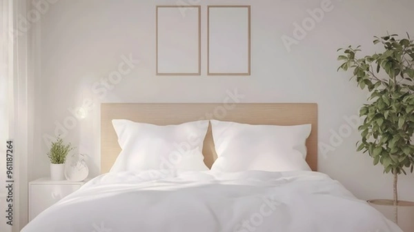 Fototapeta Cozy and Serene Bedroom Oasis with Minimalist Design and Natural Elements