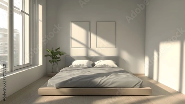 Fototapeta Serene and Cozy Bedroom with Minimalist Design and Natural Light