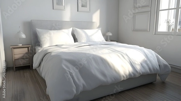 Fototapeta Cozy and Peaceful Bedroom with Soft Natural Lighting and Minimalist Interior Design