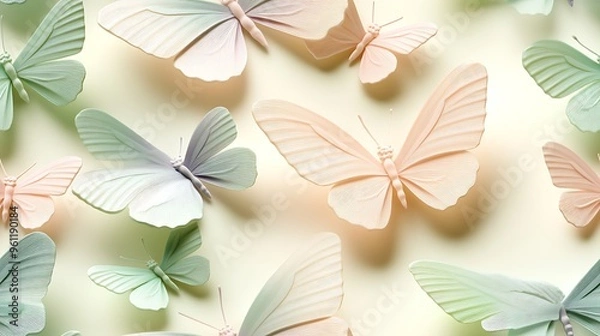 Fototapeta Pastel butterflies in soft hues of mint green, blush pink, and light lavender, scattered gracefully across a light cream background,