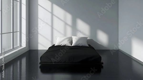 Fototapeta Serene Bedroom Sanctuary with Soft Light and Shadows in Modern Interior Design