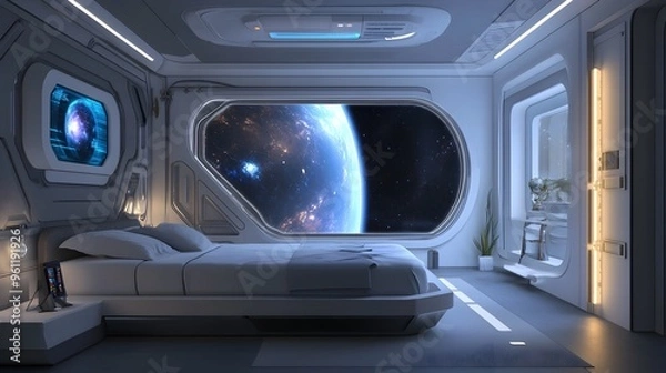 Obraz Futuristic Spacecraft Interior with Panoramic Window Overlooking Starry Galaxy