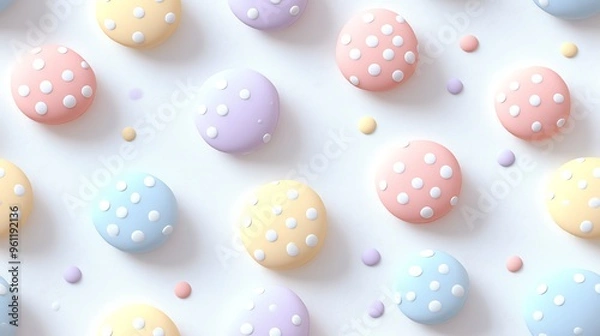 Fototapeta Soft pastel polka dots in shades of blush pink, sky blue, pale yellow, and lavender scattered across a white backdrop,