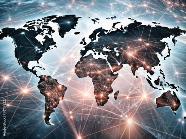 Fototapeta Global business network illustrated with a world map, globe, and digital code elements
