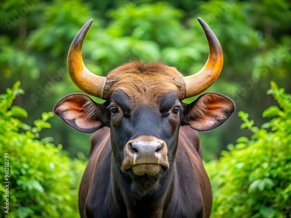 Fototapeta In the dense jungles, a magnificent gaur roams, its large horns and powerful build a testament to its dominance over the landscape.