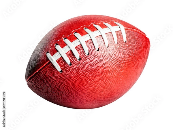 Fototapeta Close up of a classic red football with white laces on a black background