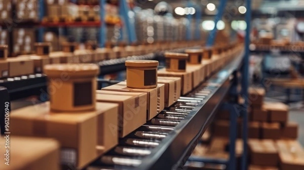 Fototapeta A Detailed Insight into the Packaging and Labeling Process of Goods in a Modern Warehouse Environment