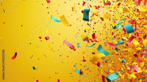 Obraz Colorful confetti and streamers floating in the air on a yellow background. The concept of a holiday, party or special event.