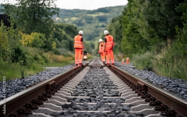 Fototapeta A photo of focused railway tracks. There's a blurred background with railroad workers in high visibility clothing inspecting the site.