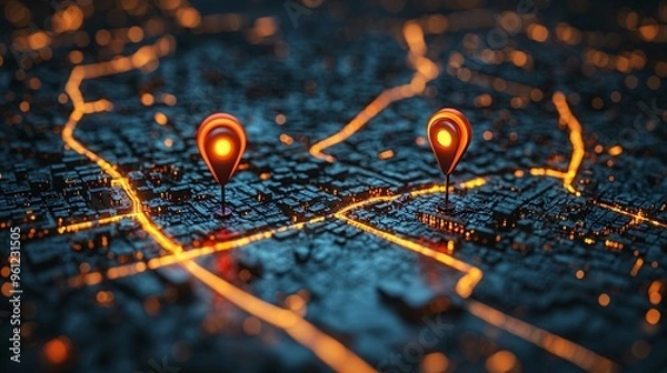 Fototapeta A digital map showcasing AI technology in GPS with two location pins, ideal for logistics innovation, transport planning, and delivery services, Business with copy space.