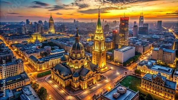 Fototapeta A majestic bird's-eye view of The Order Skyline Structure at dusk, with warm golden lighting illuminating the intricate architecture and bustling city streets below.