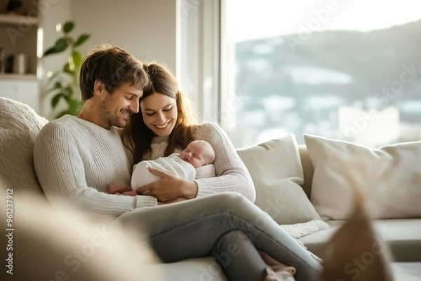 Fototapeta Young family is enjoying a quiet moment at home, cuddling with their newborn baby on the sofa