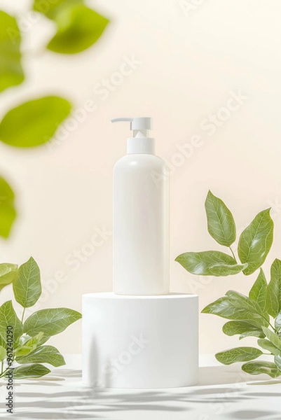 Fototapeta Minimalist Lotion Bottle with Greenery and Natural Light