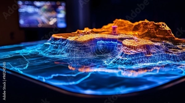 Fototapeta Futuristic 3D holographic visualization of resource and geophysical data analysis for advanced geological surveying mining and energy discovery