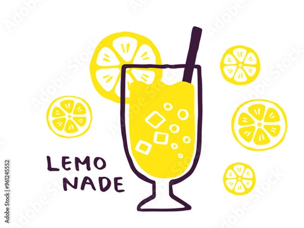 Fototapeta かわいいレモンとレモネードとLemon文字セット／手書き文字ベクターイラスト