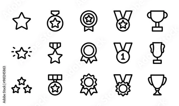 Fototapeta Awards line icon set. Award icon set containing badges, trophy, cups, ribbons, medals. Solid icon collection. Vector outline illustration