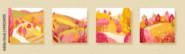 Fototapeta Set of posters with autumn park, Hand drawn. Red plants, trees and colorful fall foliage. Print on Print, notebook or book cover. Postcard, poster or wallpaper. Vector