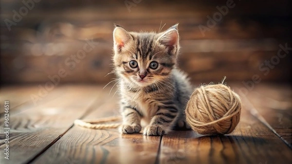 Fototapeta Adorable playful kitten playing with yarn ball on wooden floor with soft focus and natural light