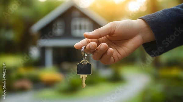 Fototapeta A hand holding a key in front of a house, symbolizing ownership.