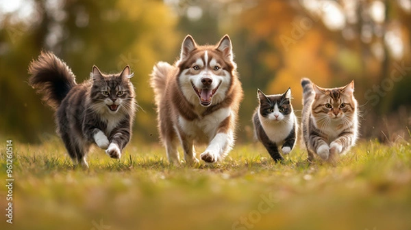 Fototapeta A photograph of four dogs and cats running on the grass