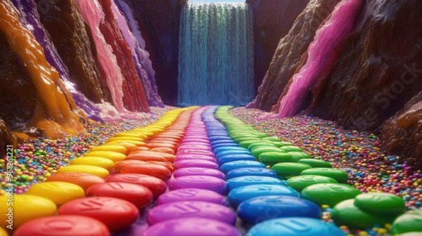 Fototapeta A rainbow pathway made of Skittles leading to a distant chocolate waterfall