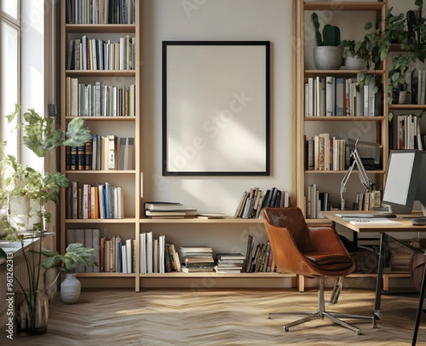 Fototapeta This image showcases a contemporary home office setup with a warm ambiance, featuring an extensive bookshelf filled with an array of books.