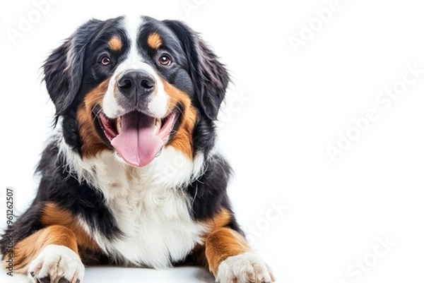 Fototapeta Happy Bernese mountain dog sitting on a white background and looking at the camera with its tongue out, ai