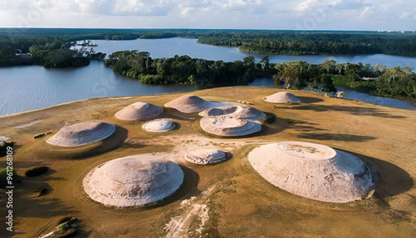Fototapeta An aerial view of a vast, open field with several large, circular mounds of earth.

