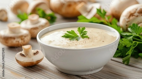 Fototapeta Mushroom cream sauce in a small bowl with a garnish of parsley on a gourmet dinner table.