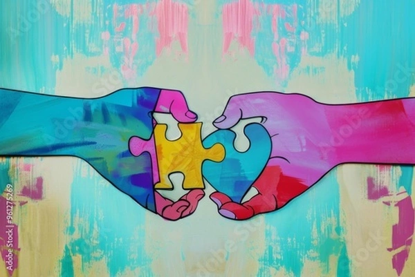 Fototapeta A vibrant collage of retro pinup art showcasing hands uniting two colorful jigsaw heart pieces against an abstract backdrop