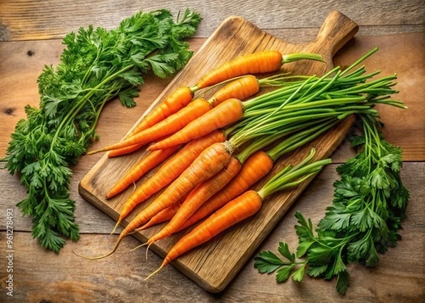 Fototapeta Vibrant orange carrots with leafy green tops, artfully arranged on a rustic wooden cutting board, surrounded by fresh herbs, on a warm beige background.