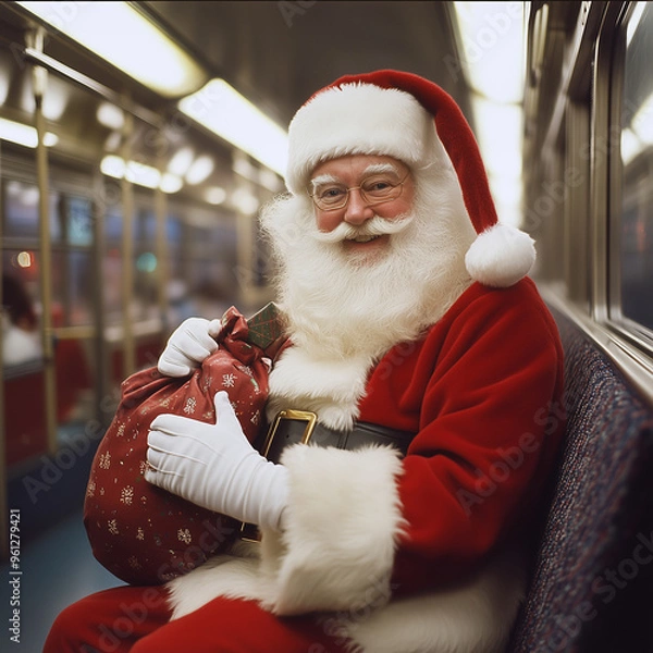 Fototapeta Santa Claus smiling on bus looks at camera with glasses holding his sack of presents sitting right, vertical