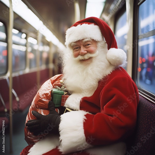 Fototapeta Santa Claus on the bus with his sack of presents sitting on the right side of the image looking at the camera, solitary, vertical