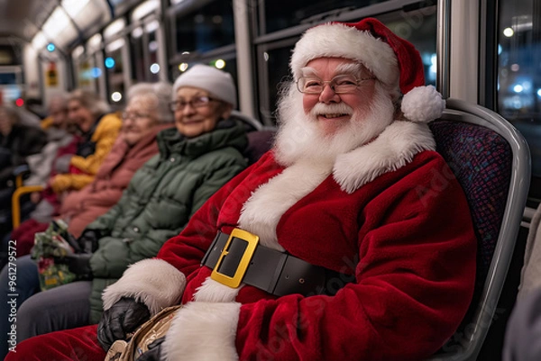Fototapeta Santa Claus sitting on the bus on the right side of the image smiling with the other passengers, vertical
