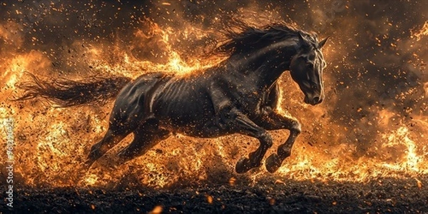 Obraz Majestic Black Horse Galloping Through Fiery Inferno Surrounded by Flames