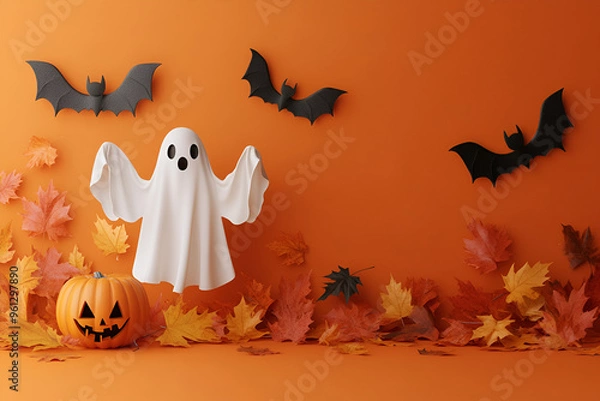 Fototapeta Minimalistic Halloween background with a ghost, pumpkin, bats and autumn leaves on orange back