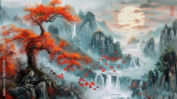 Obraz relief painting chinese landscape with an autumn scenery