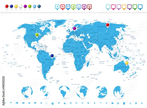Fototapeta Detailed World Map with Globe Icons and Navigation Symbols