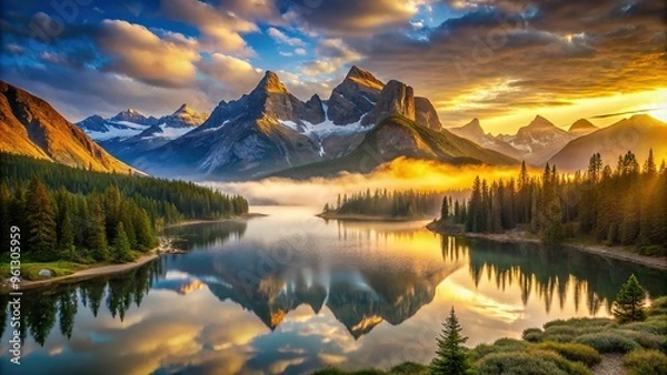 Fototapeta Golden sunrise illuminates towering mountain peaks, with misty valleys and serene lakes in the foreground, captured with precise sharpness and realistic colors.