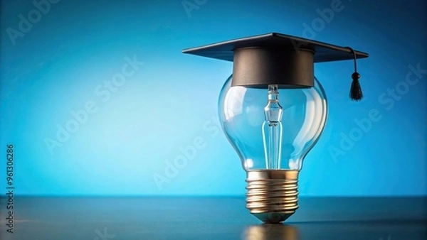 Fototapeta Bachelors cap on lightbulb with blue background, smart education concept