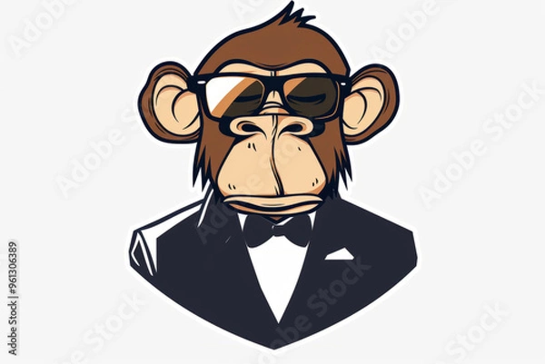 Fototapeta a monkey's head in sunglasses on a white background. A cute cartoon character of a cool, smart, young, wise chimpanzee dressed stylishly. A flat illustration.